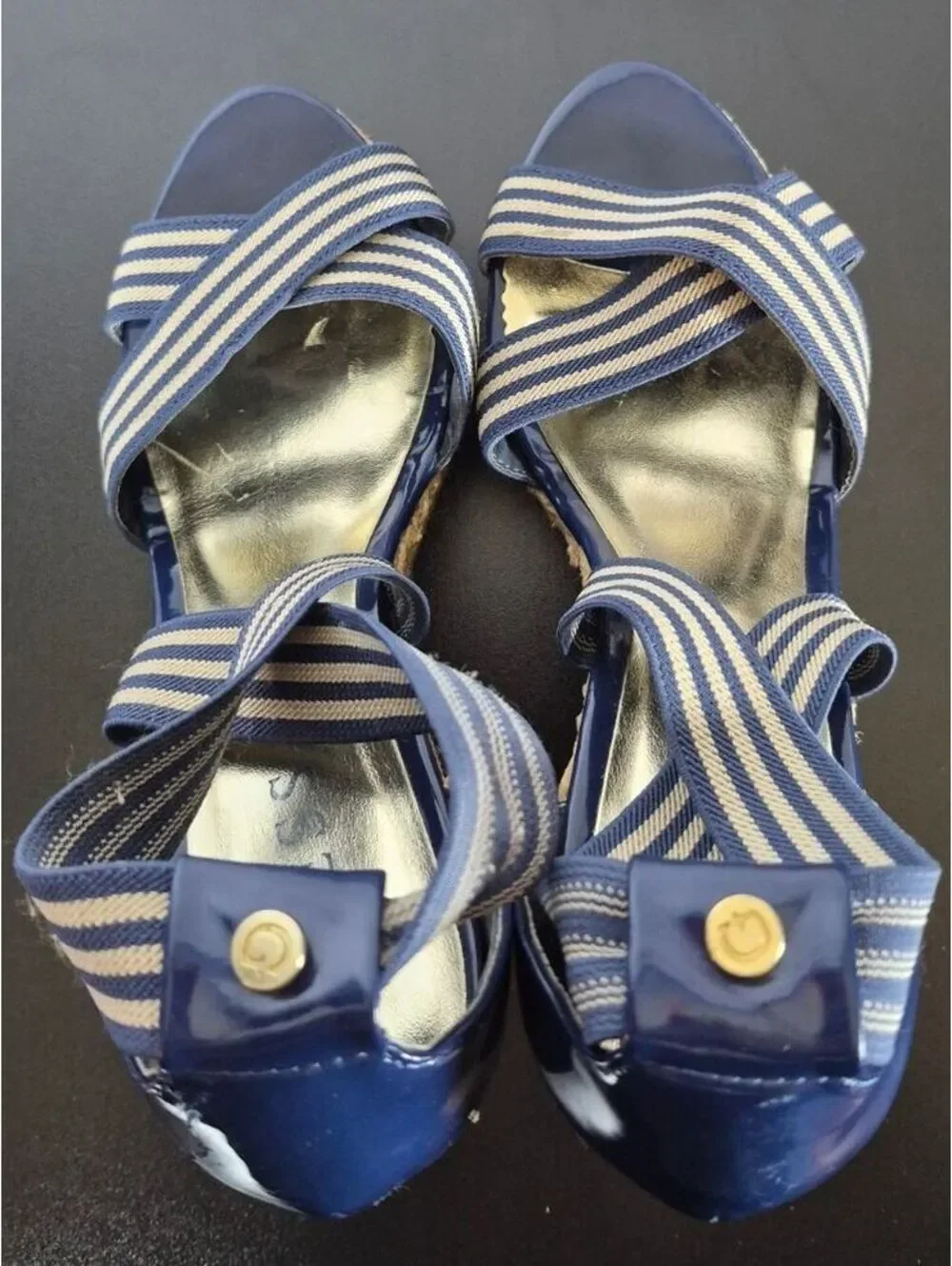 Guess Navy Striped Espadrille Wedge Sandals Size 7.5